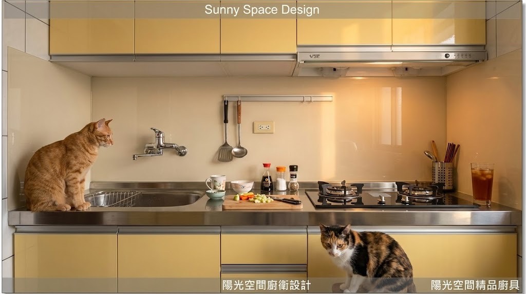 新莊一字型不鏽鋼廚房 × 結晶鋼烤淡黃門板