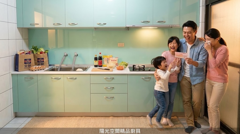 新莊雙鳳路綠色水晶門板一字型廚具 × 白色美耐板檯面｜陽光空間精品廚具