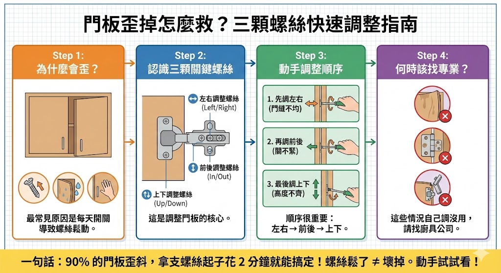 櫥櫃鉸鍊調整螺絲示意圖
