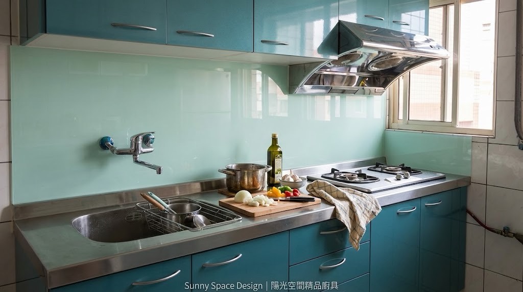 桃園安慶街不銹鋼二字型廚具 × 深綠色水晶門板 × 140cm平台下櫃｜陽光空間精品廚具