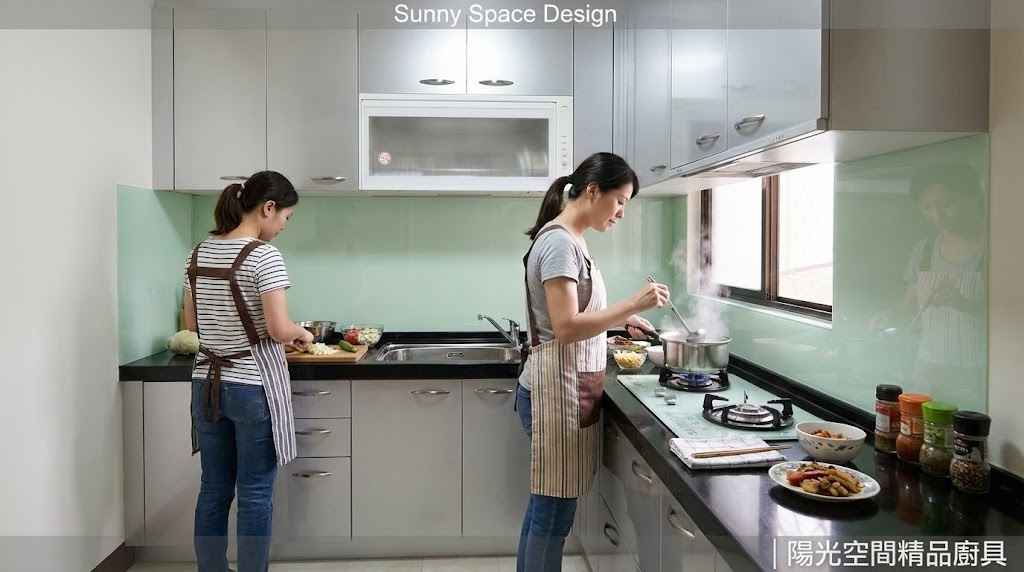 新莊中平路銀色水晶門板L型廚具 × 轉角小怪物設計｜陽光空間精品廚具
