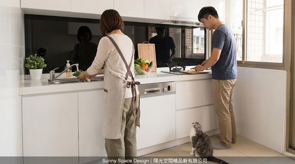 新北五股一字型白色廚具｜黑玻璃背板｜韓國人造石檯面｜陽光空間精品廚具