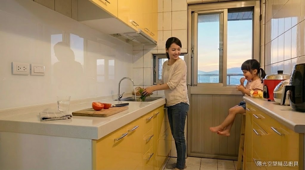 新店中興路亮黃色水晶門板雙面廚具完工照