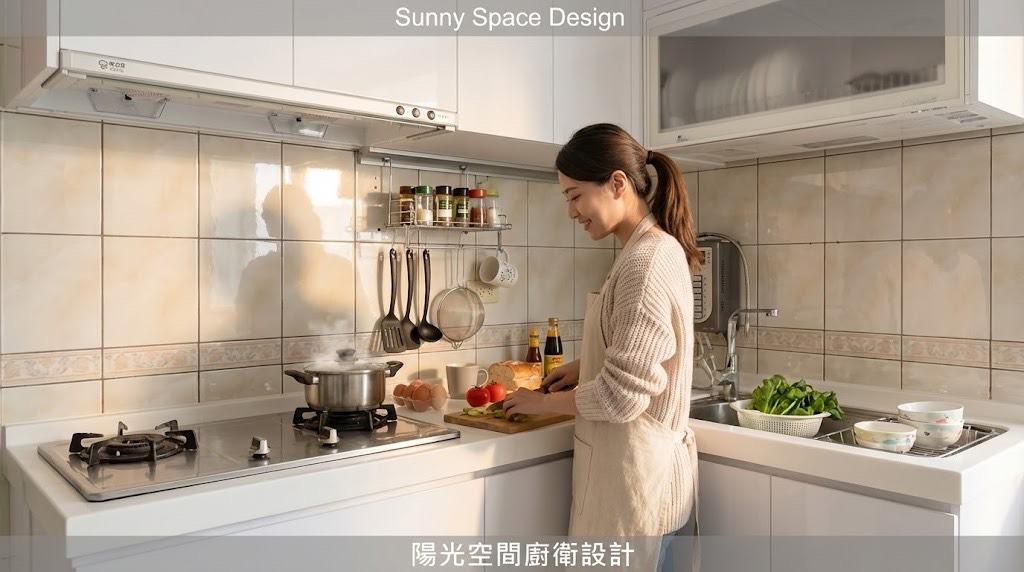 汐止樟樹二路 L 型廚具 × 水晶門板 × 韓國人造石 × 平台櫃｜陽光空間精品廚具