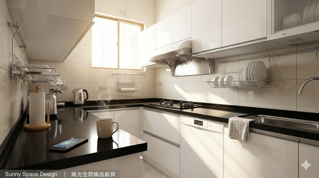 樹林復興路ㄇ字型黑色檯面白色結晶鋼烤廚具完工照