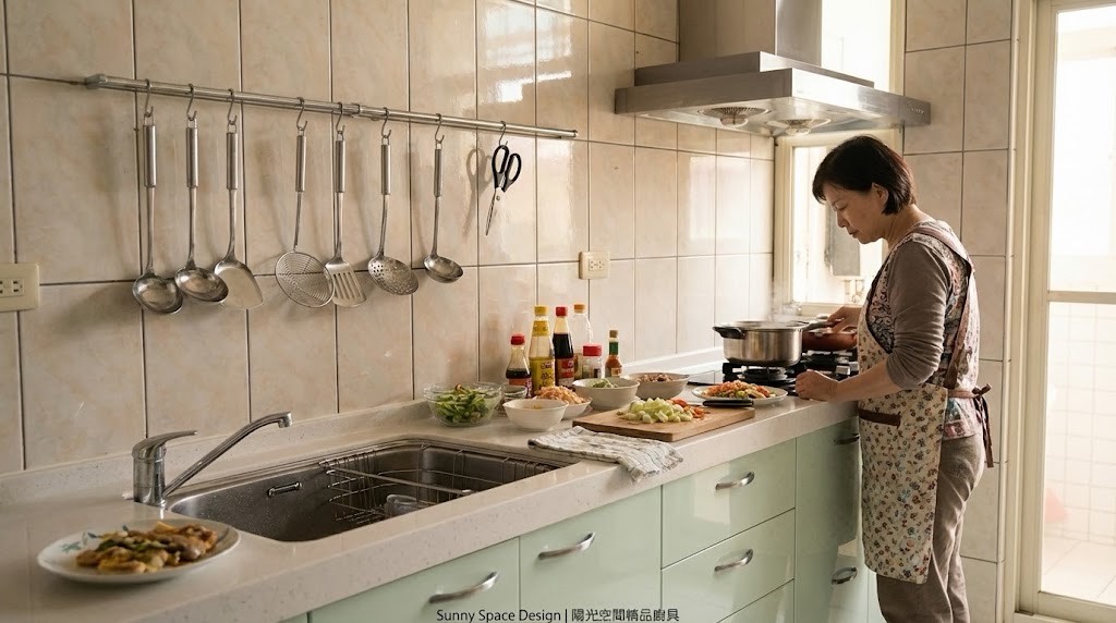 台北臥龍街純下櫃設計廚具 × 清爽綠色水晶門板 × 三星人造石