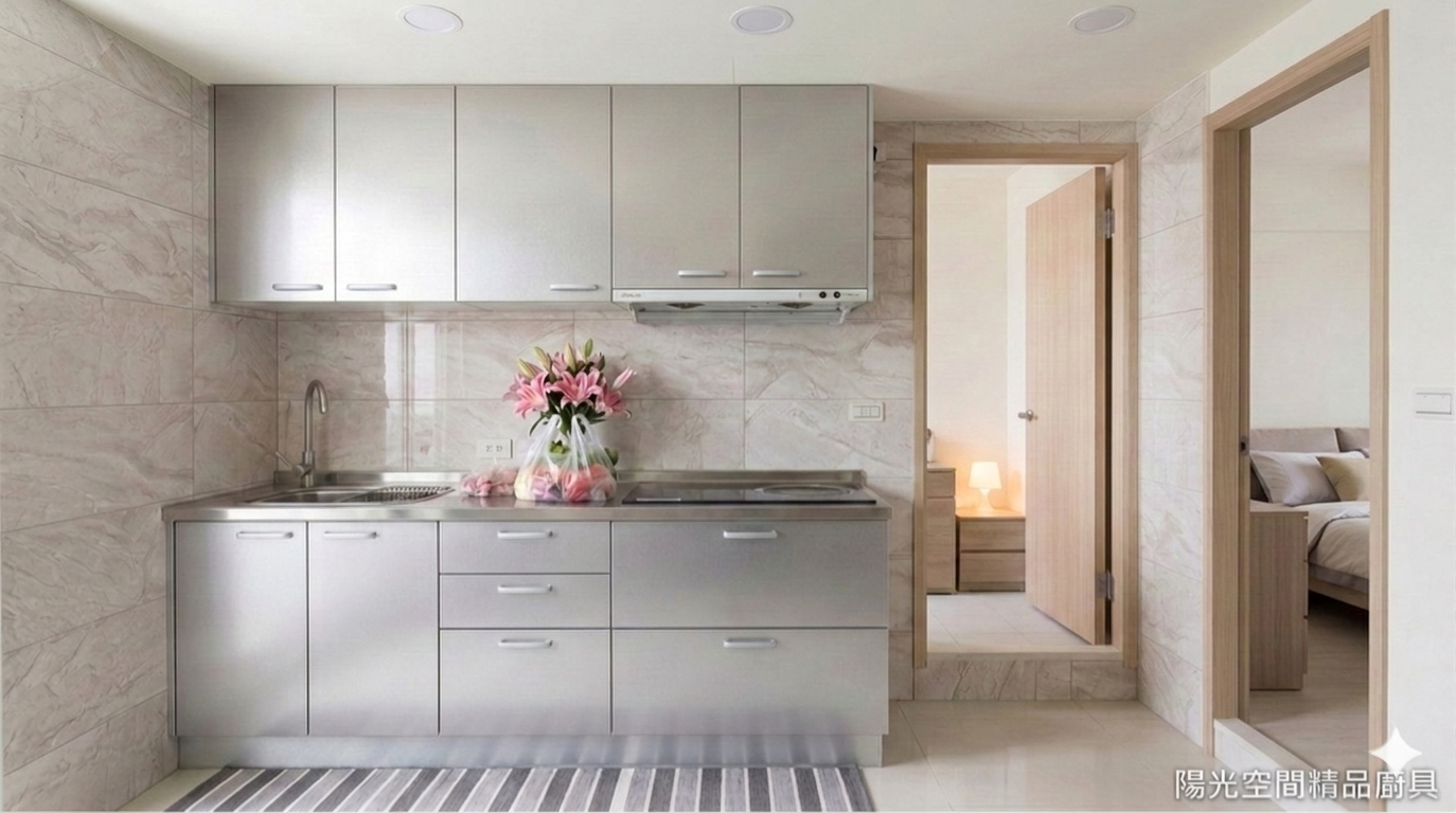 三重中正南路一字型廚房 完工整體視角 304不鏽鋼檯面與上下櫃｜陽光空間精品廚具