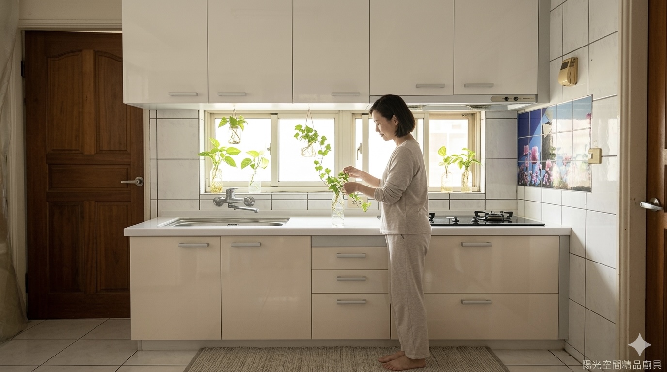 桃園龜山文化三路 一字型廚房翻新 白色結晶鋼烤門板搭配韓國人造石檯面 完工照