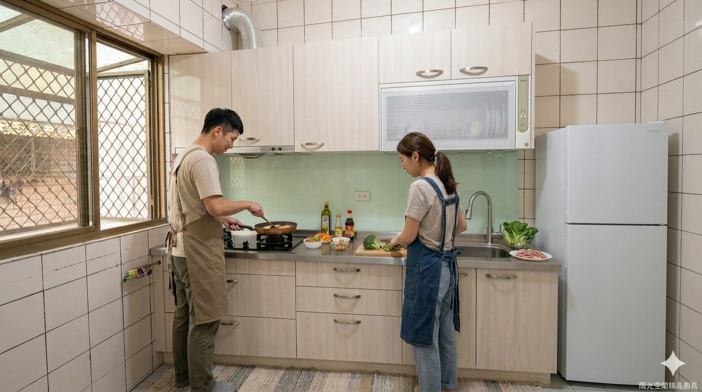 楊梅中山北路一字型不鏽鋼廚具 淺綠水晶門板 櫻花雙口爐