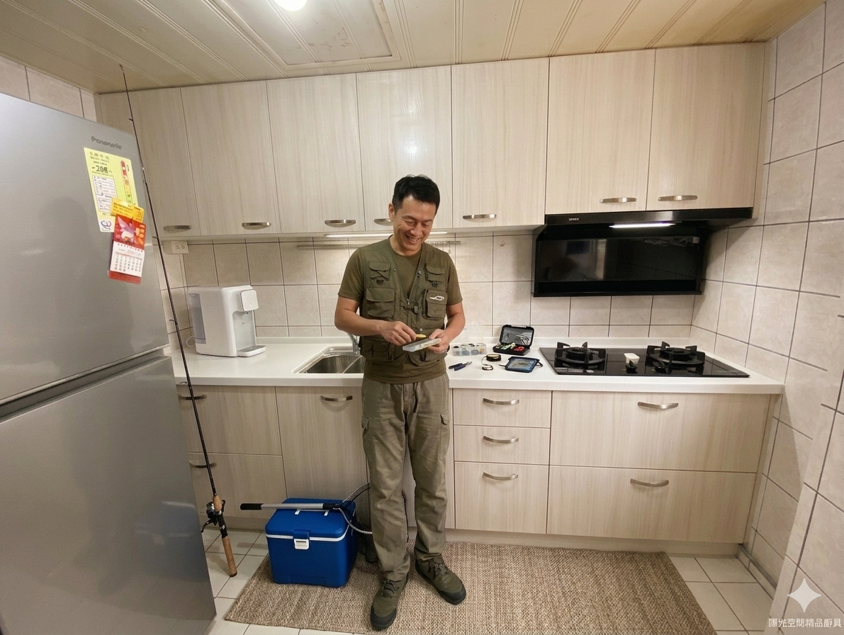 中和民安街一字型廚具 淺木紋水晶門板 白色石英石檯面