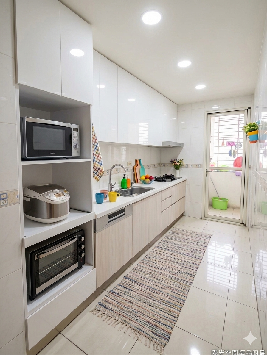 土城一字型廚房 白色明亮風格 完工整體視角與長型動線 人造石檯面與高身電器櫃