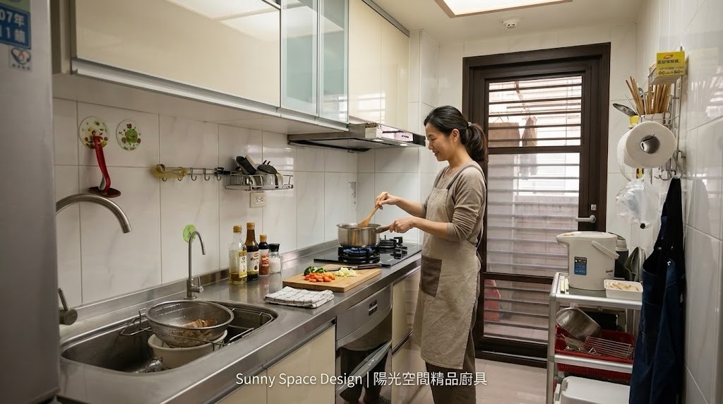 桃園八德一字型廚具更新 奶白色水晶門板 不鏽鋼檯面