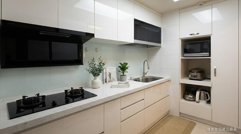 樹林一字型廚房 白色系統櫃 石英石檯面 整體完工照