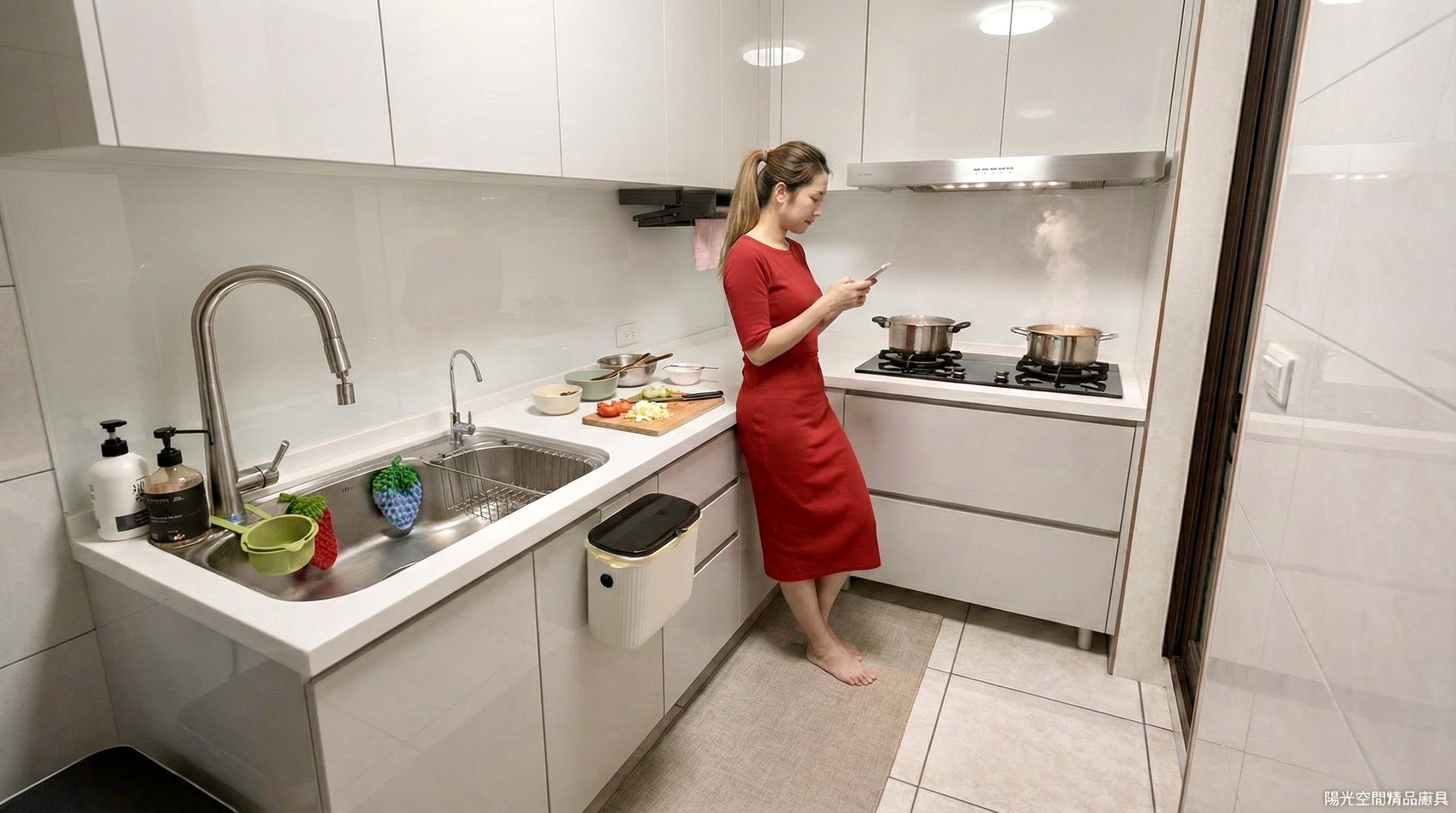 板橋龍興街 L 型廚房 石英石檯面 完工全景