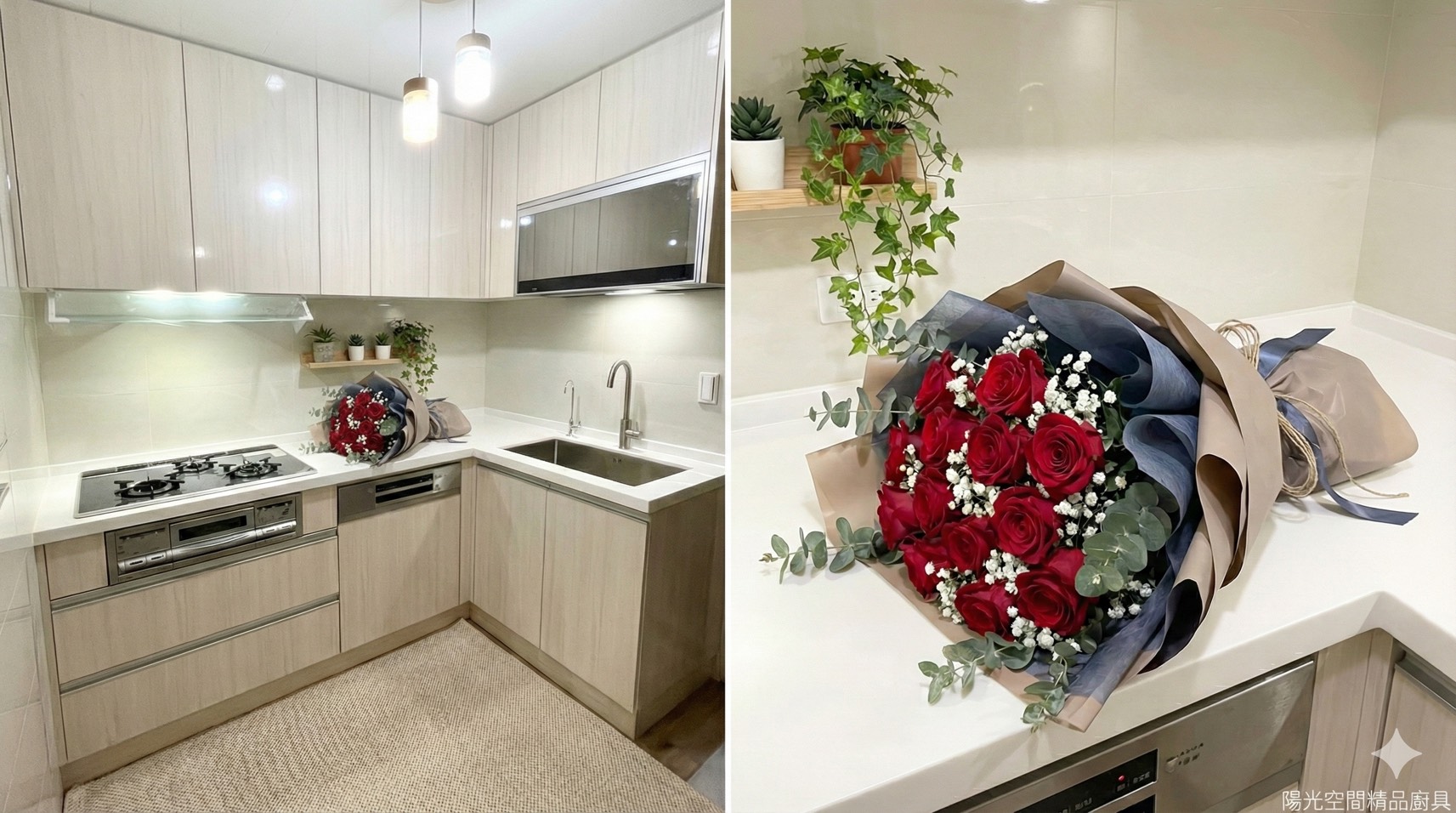 新北中和 L 型廚房 Soft Living Kitchen 石英石檯面 完工全景