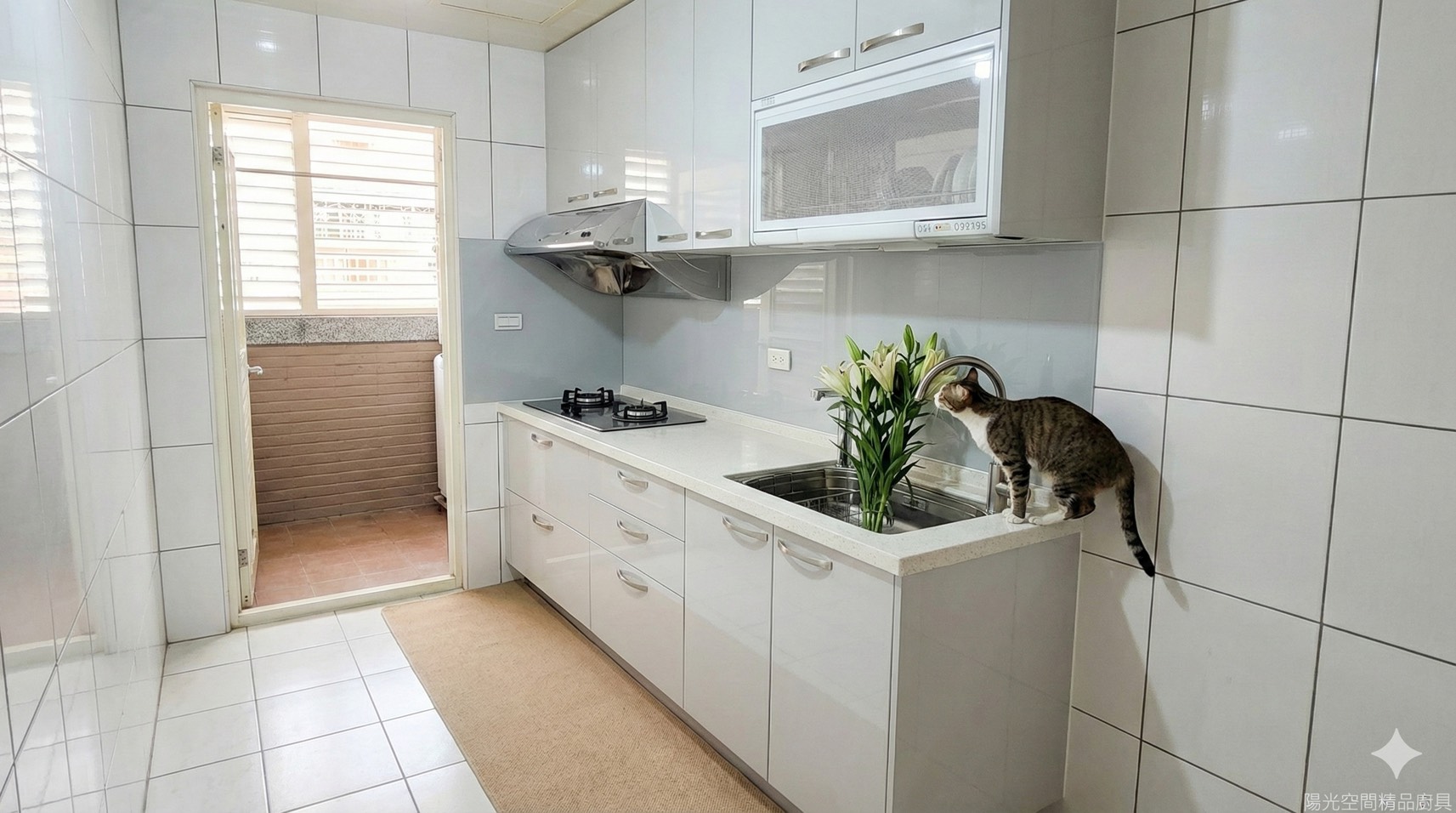 新北板橋 一字型廚房 白色石英石 全新系統廚具 完工照｜陽光空間精品廚具