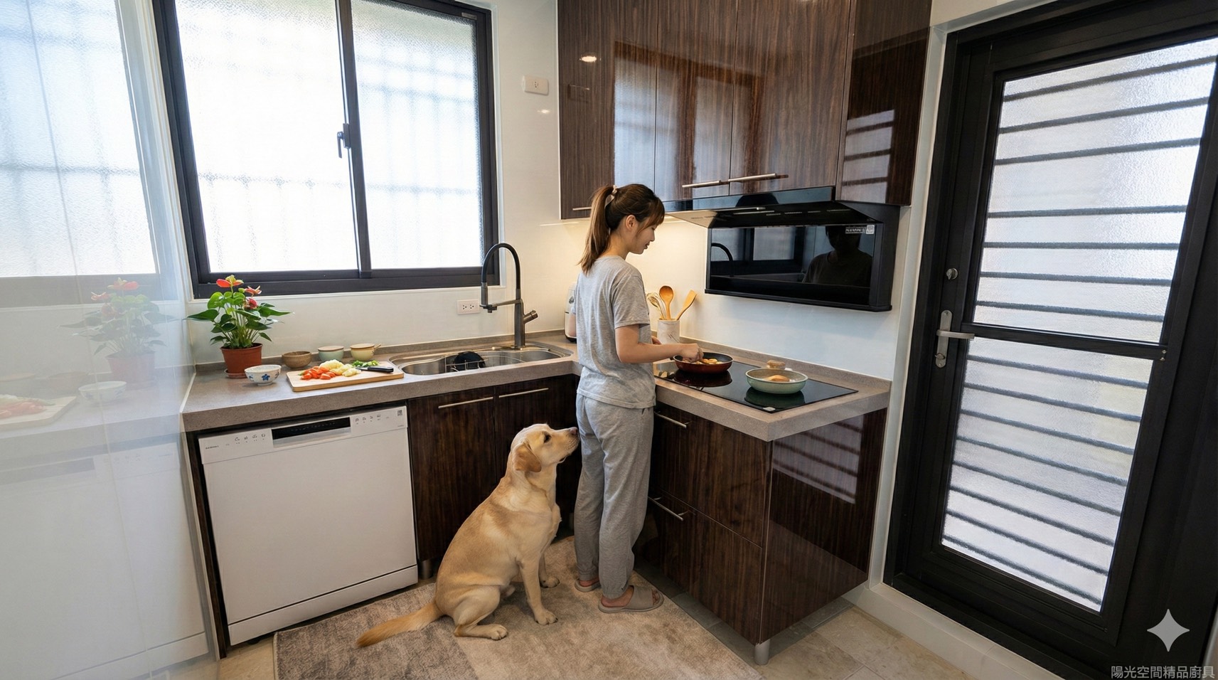 土城金城路 L 型廚房 石英石檯面 木紋水晶門板